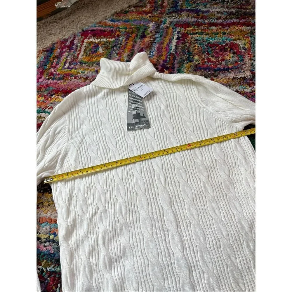Lands’ End Lighthouse Ivory Cotton Cable Knit Turtleneck Sweater NWT M